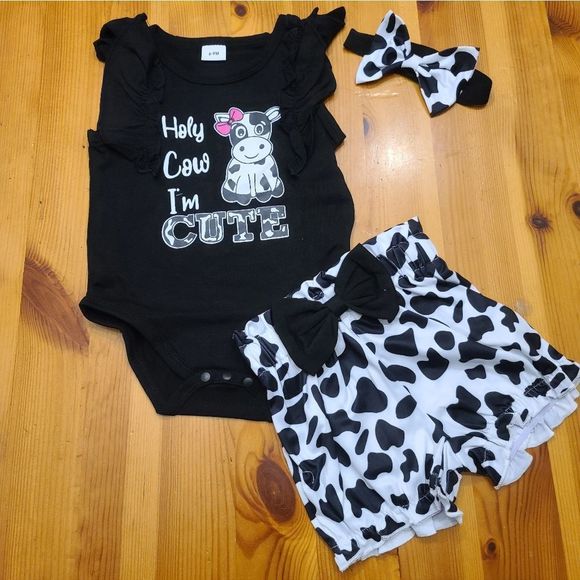 Cute Cow Print Outfit With Pants & Headband - Picture 2 of 3